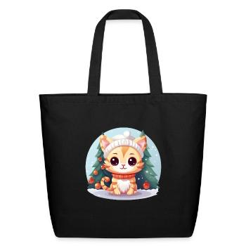 Winter Christmas Cat: Under the Pine Tree - Eco-Friendly Cotton Tote - black - Front