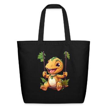 Dino T-Rex on Swing, Playful Prehistoric Design - Eco-Friendly Cotton Tote - black - Front