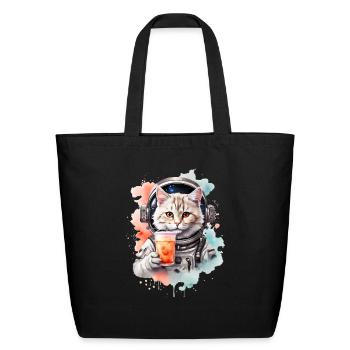 Space Cat Japanese Retro Kawaii Cute Kawaii Astron - Eco-Friendly Cotton Tote - black - Front