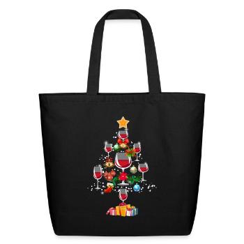 Wine Lovers Christmas Pine Tree Funny Gift - Eco-Friendly Cotton Tote - black - Front