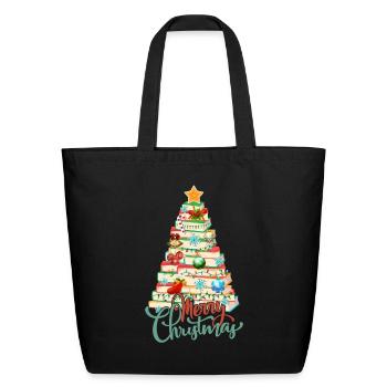 Merry Christmas Books Pine Tree Reading Lovers - Eco-Friendly Cotton Tote - black - Front