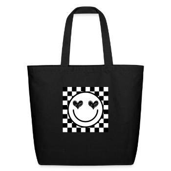 Checkerboard Happy Face Smile Emojis - Eco-Friendly Cotton Tote - black - Front