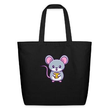 Cute Mouse Holding Cheese Cartoon - Eco-Friendly Cotton Tote - black - Front