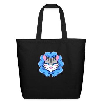 Striped Cat With Blue Flower - Eco-Friendly Cotton Tote - black - Front