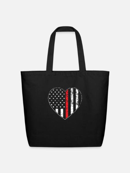 Thin Red Line Distressed American Flag Heart - Eco-Friendly Cotton Tote - black