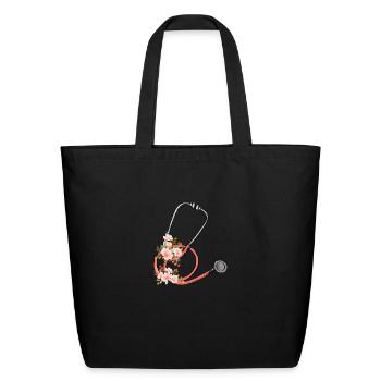 Stethoscope Floral Sticker - Eco-Friendly Cotton Tote - black - Front