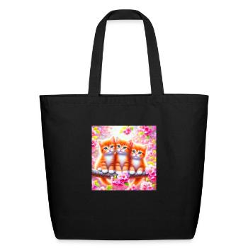 Three Adorable Kittens in Cherry Blossoms - Eco-Friendly Cotton Tote - black - Front