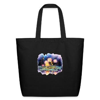 Retro Zen Lotus Flower Firefly Night - Eco-Friendly Cotton Tote - black - Front