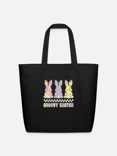 Groovy Easter Bunnies Retro Hippie Lover Easter - Eco-Friendly Cotton Tote - black