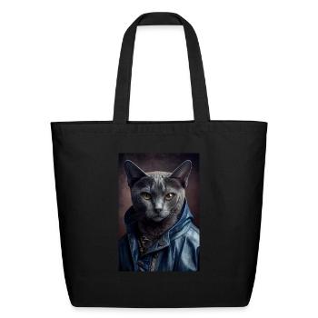 Russian Blue Cat Breed Portrait wears a leather j - Eco-Friendly Cotton Tote - black - Front