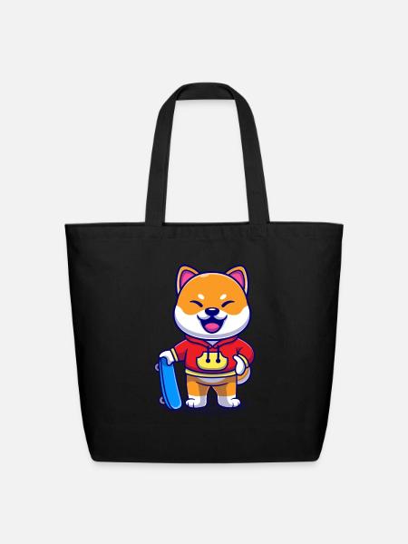 Cool Shiba Inu Dog With Skateboard Cartoon - Eco-Friendly Cotton Tote - black