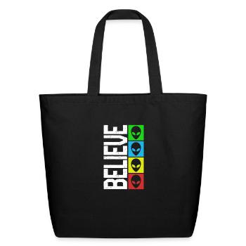Alien Shirt, Believe Alien Design Tee, - Eco-Friendly Cotton Tote - black - Front