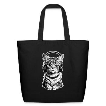 Dj Cat - Cat Wearing Headset - Eco-Friendly Cotton Tote - black - Front