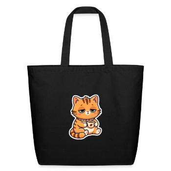 Cute Sleepy Orange Tabby Cat with Coffee Kawaii - Eco-Friendly Cotton Tote - black - Front