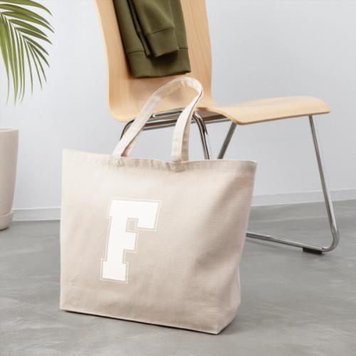 White Letter F – Varsity Alphabet Monogram - Eco-Friendly Cotton Tote