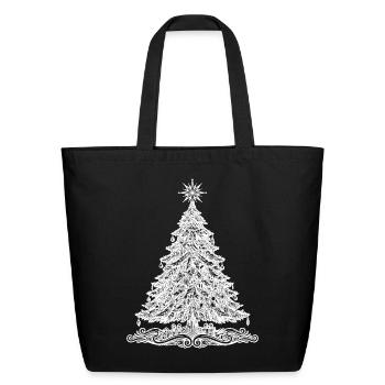Merry Christmas Pine Tree Gift Print - Eco-Friendly Cotton Tote - black - Front