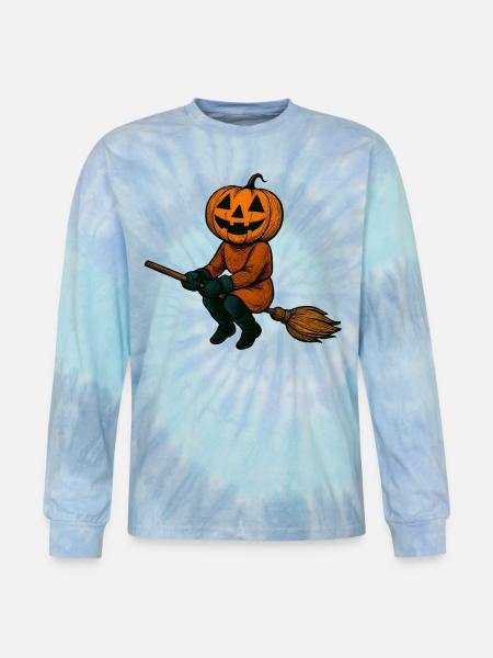 Pumpkinhead Witch on Broom - Tie Dye Long Sleeve T-shirt - blue lagoon