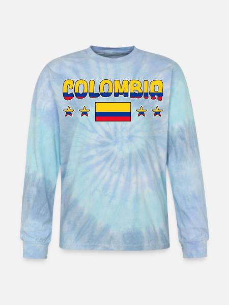Colombia Flag Stars Graphic Tee - Tie Dye Long Sleeve T-shirt - blue lagoon