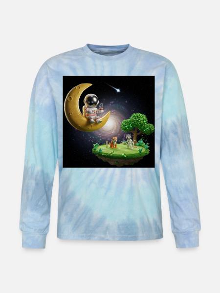 Astronaut on Moonlit Island - Tie Dye Long Sleeve T-shirt - blue lagoon