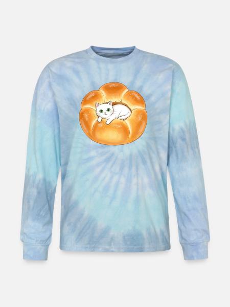 Whimsical Cat in Bread Illustration - Tie Dye Long Sleeve T-shirt - blue lagoon