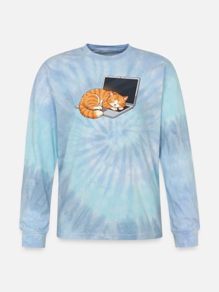 Cozy Tabby on Laptop - Tie Dye Long Sleeve T-shirt - blue lagoon