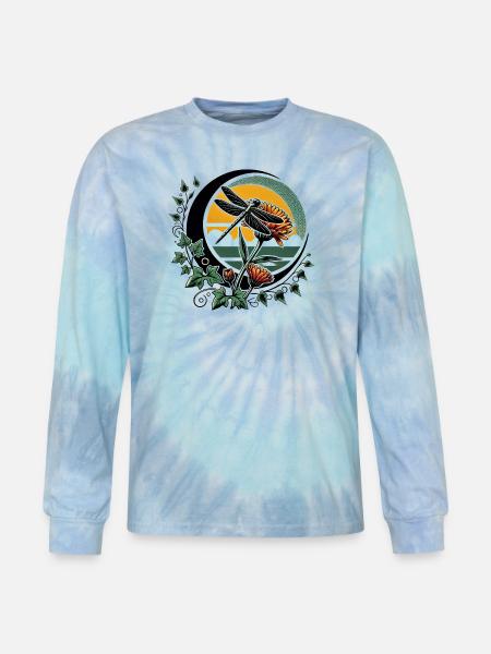 Moonlit Dragonfly & Sunflowers - Tie Dye Long Sleeve T-shirt - blue lagoon