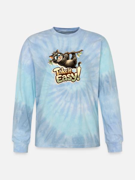 Take It Easy Sloth Graphic - Tie Dye Long Sleeve T-shirt - blue lagoon