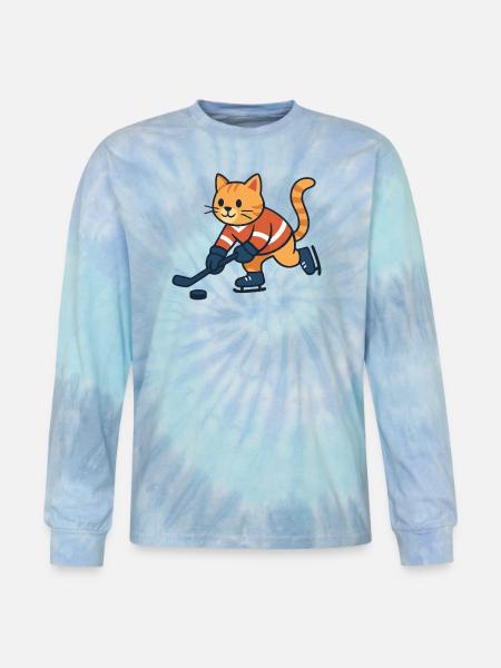 Ice Hockey Cat - Tie Dye Long Sleeve T-shirt - blue lagoon