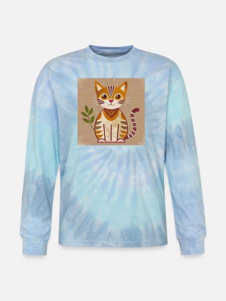 Rustic Geometric Cat Illustration - Tie Dye Long Sleeve T-shirt - blue lagoon
