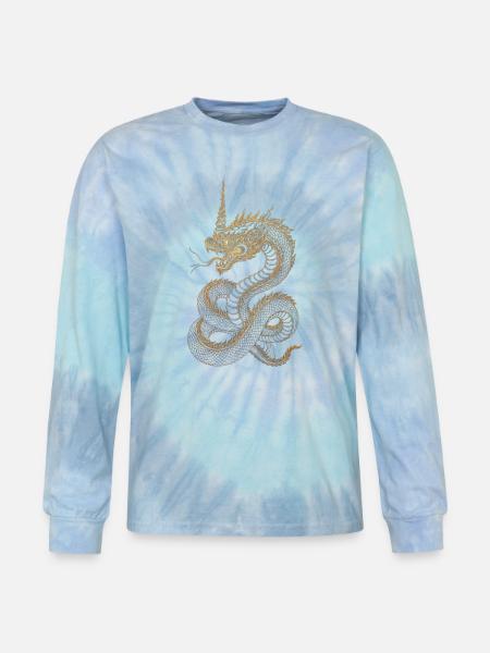 Golden Dragon Embroidery Art - Tie Dye Long Sleeve T-shirt - blue lagoon