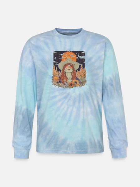 Mystic Sunflower Dreamer Illustration - Tie Dye Long Sleeve T-shirt - blue lagoon