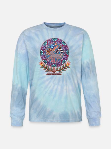 Native Huichol Peyote Deer - Tie Dye Long Sleeve T-shirt - blue lagoon