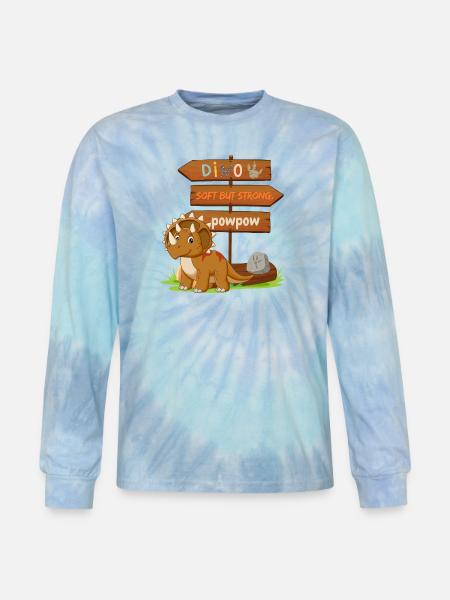 Cute Dinosaur with Playful Signpost - Tie Dye Long Sleeve T-shirt - blue lagoon