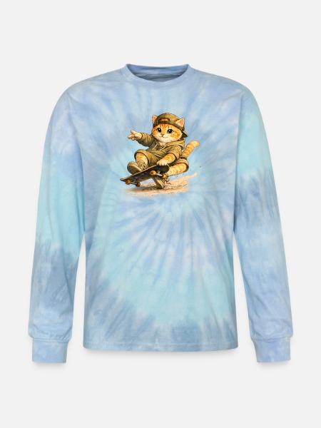Skate Kitten on Board - Tie Dye Long Sleeve T-shirt - blue lagoon