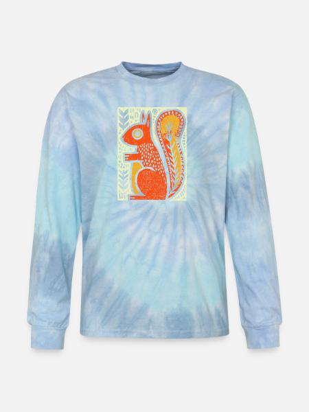 Squirrel in Rustic Woodcut - Tie Dye Long Sleeve T-shirt - blue lagoon
