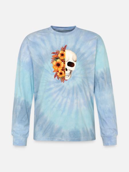 Floral Skull Split - Tie Dye Long Sleeve T-shirt - blue lagoon