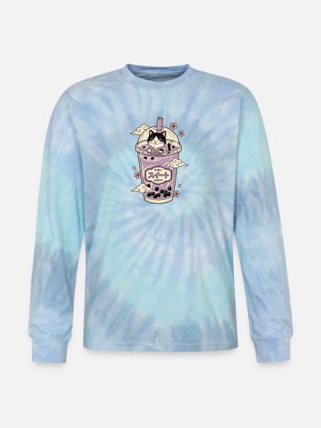 Lavender Boba Cat - Tie Dye Long Sleeve T-shirt - blue lagoon