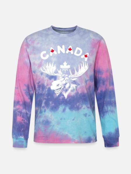 Canadian Moose with Maple Leaf Emblem - Tie Dye Long Sleeve T-shirt - cotton candy