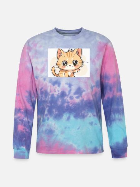 Waving Kawaii Orange Tabby - Tie Dye Long Sleeve T-shirt - cotton candy