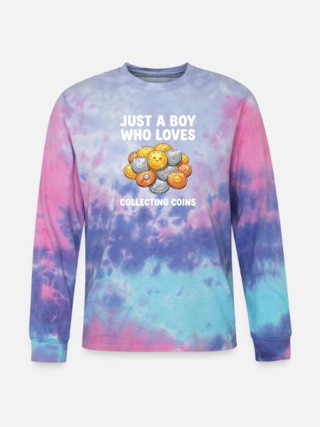 Coin-Loving Boy Collecting Coins - Tie Dye Long Sleeve T-shirt - cotton candy
