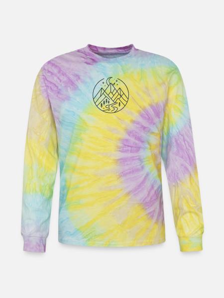 Moonlit Mountain River Line Art - Tie Dye Long Sleeve T-shirt - mystique