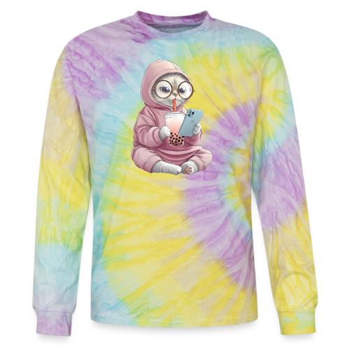 Cool Cat Bubble Tea Cartoon Design - Tie Dye Long Sleeve T-shirt
