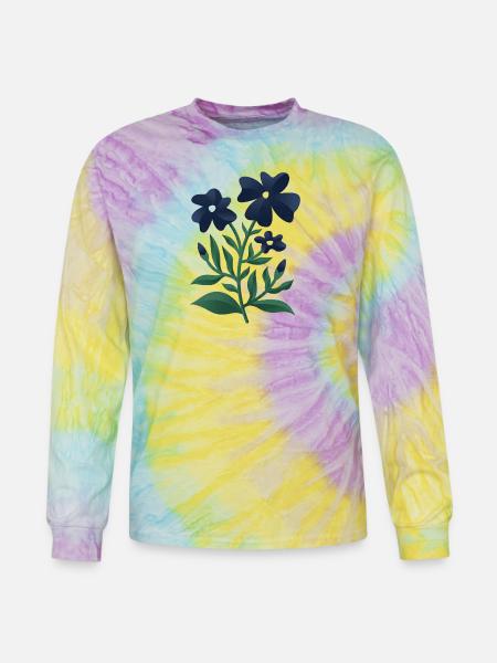Midnight Blue Bloom Botanical Print - Tie Dye Long Sleeve T-shirt - mystique
