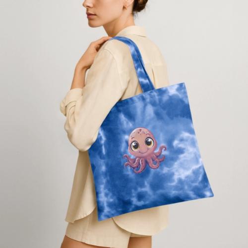 Cute Cartoon Baby Octopus with Big Eyes - Tie Dye Tote Bag