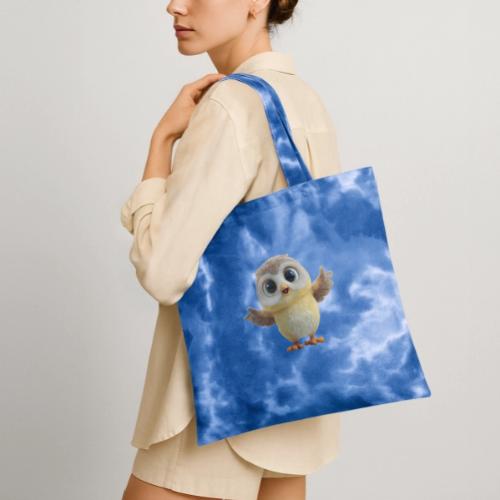 Cute Cartoon Baby Owl with Wings Open - Tie Dye Tote Bag