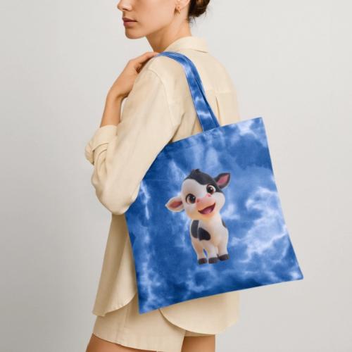 Joyful Cartoon Baby Cow Standing - Tie Dye Tote Bag