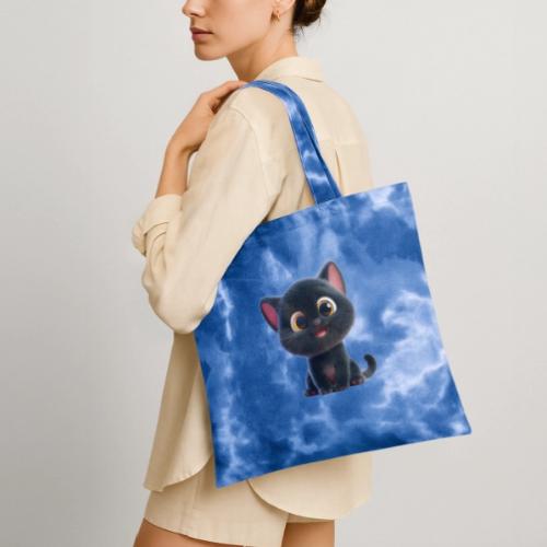 Adorable 3D Black Kitten with Big Eyes - Tie Dye Tote Bag