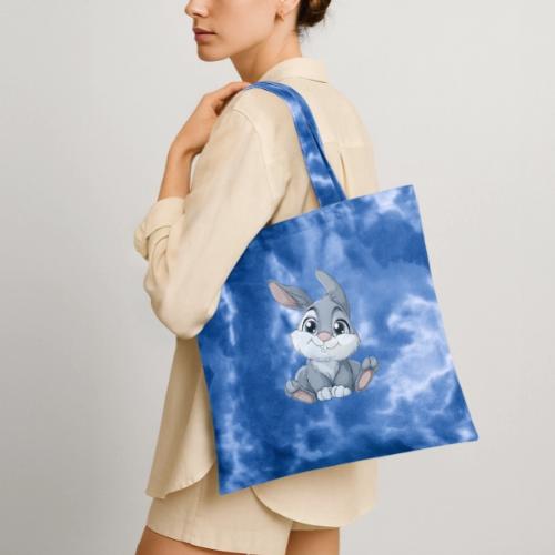 Joyful Grey and White Baby Rabbit Cartoon - Tie Dye Tote Bag