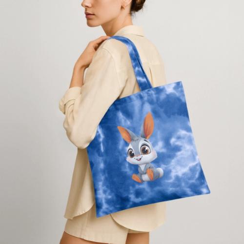 Multicolor Baby Rabbit Cartoon Sitting - Tie Dye Tote Bag