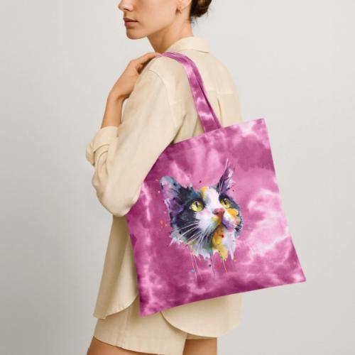 Cat: Painted Purr Expression - Tie Dye Tote Bag